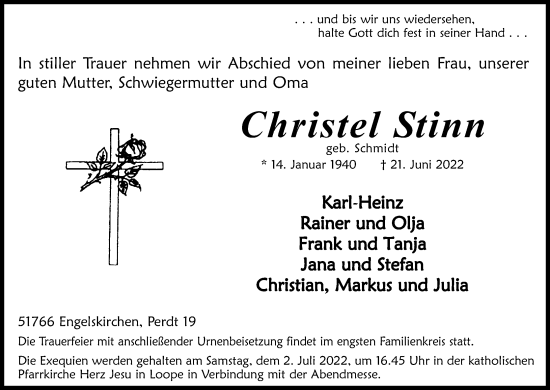 Anzeige von Christel Stinn von Kölner Stadt-Anzeiger / Kölnische Rundschau / Express