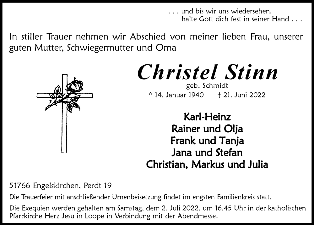  Traueranzeige für Christel Stinn vom 01.07.2022 aus  Anzeigen Echo 