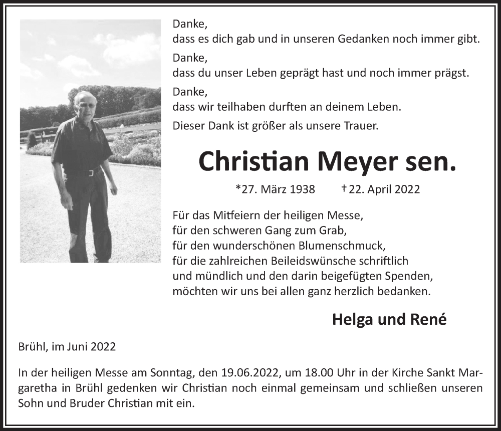  Traueranzeige für Christian Meyer vom 18.07.2023 aus  Schlossbote/Werbekurier 