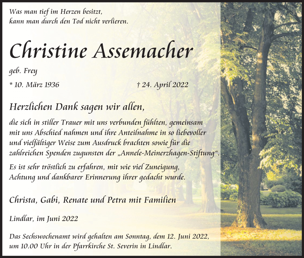  Traueranzeige für Christine Assemacher vom 04.06.2022 aus Kölner Stadt-Anzeiger / Kölnische Rundschau / Express