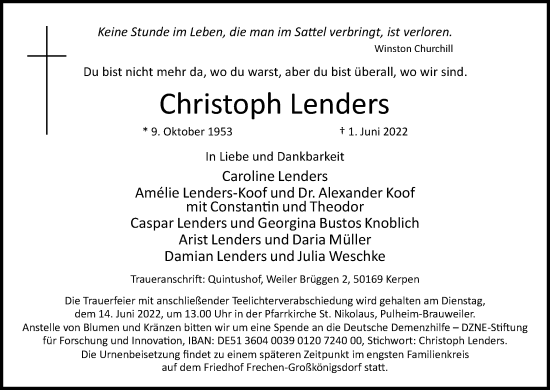 Anzeige von Christoph Lenders von Kölner Stadt-Anzeiger / Kölnische Rundschau / Express