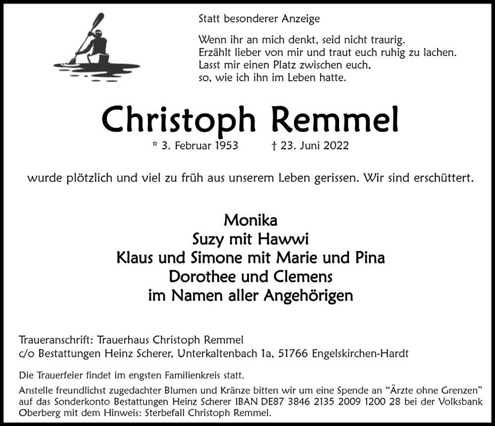  Traueranzeige für Christoph Remmel vom 01.07.2022 aus  Anzeigen Echo 
