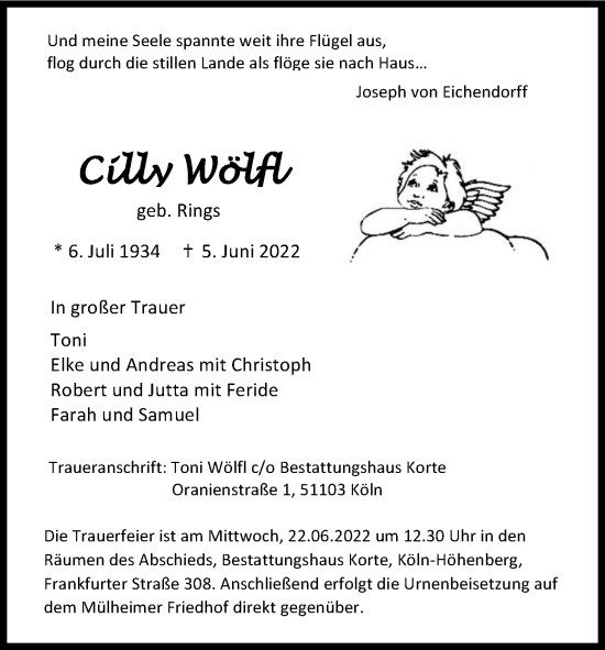Anzeige von Cilly Wölfl von Kölner Stadt-Anzeiger / Kölnische Rundschau / Express