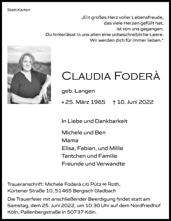 Anzeige von Claudia Fodera von Kölner Stadt-Anzeiger / Kölnische Rundschau / Express