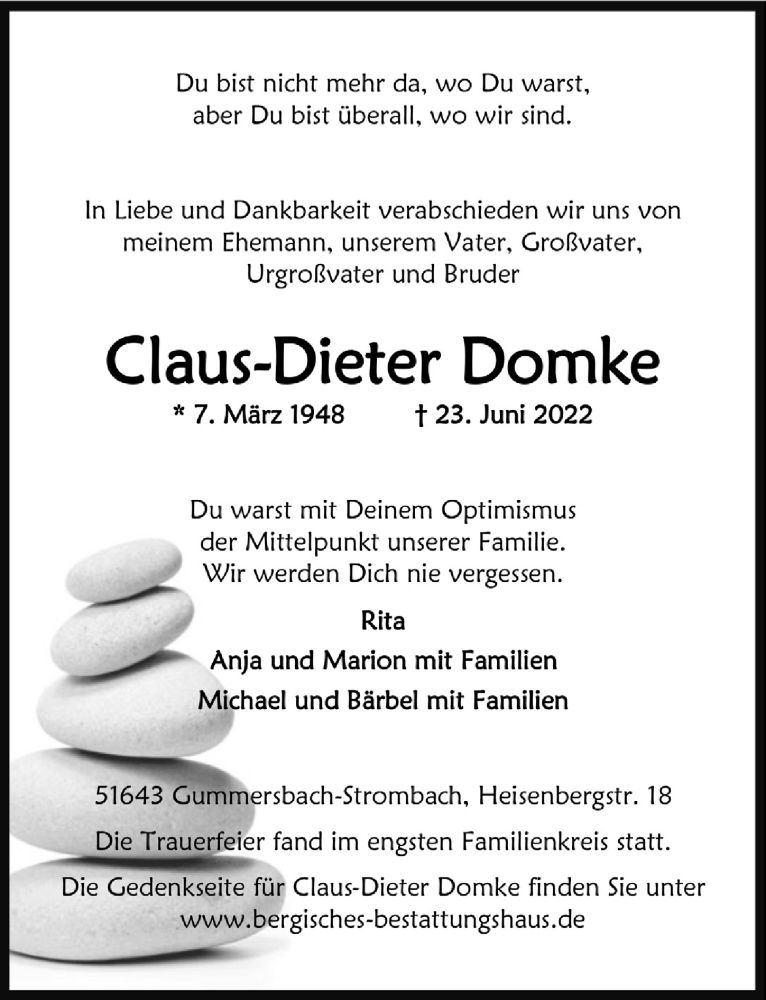  Traueranzeige für Claus-Dieter Domke vom 01.07.2022 aus  Anzeigen Echo 