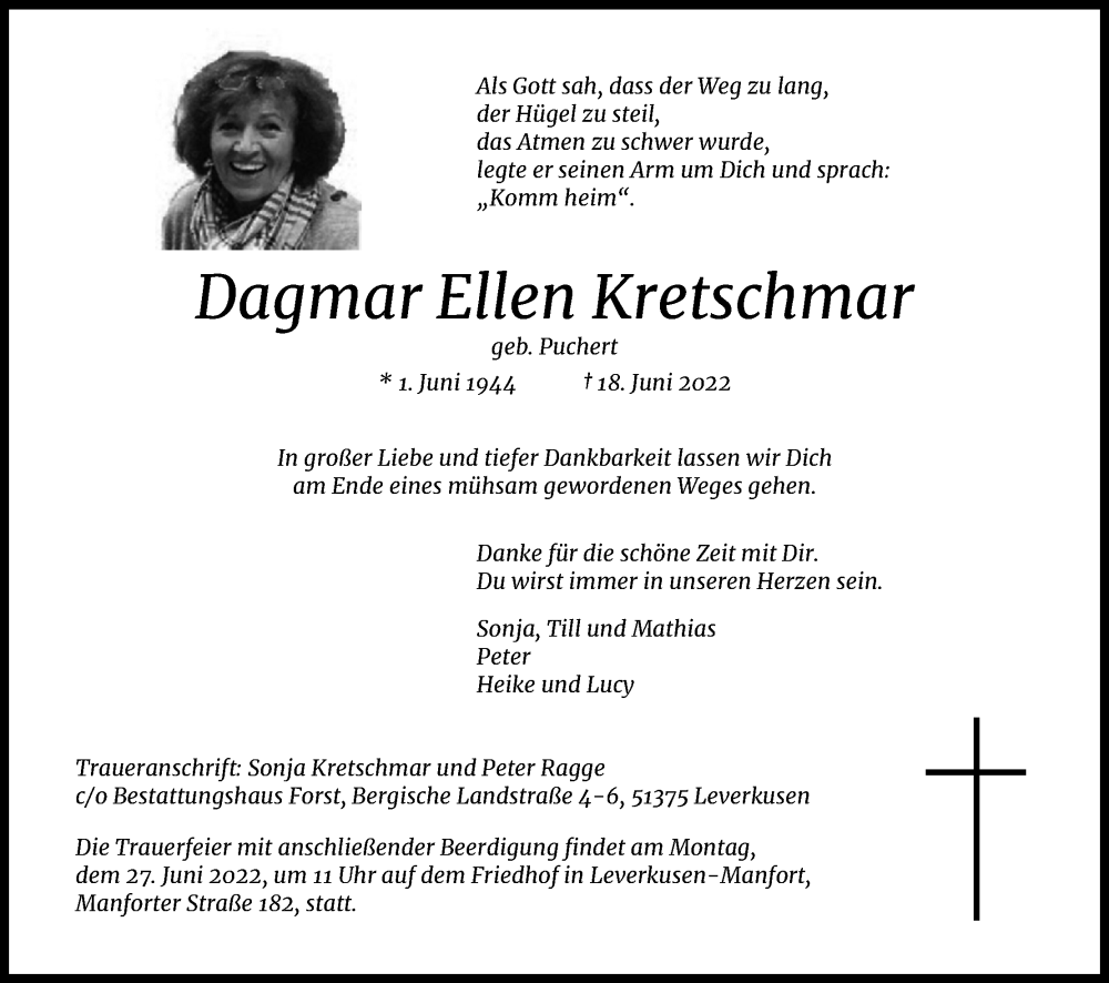  Traueranzeige für Dagmar Ellen Kretschmar vom 24.06.2022 aus Kölner Stadt-Anzeiger / Kölnische Rundschau / Express