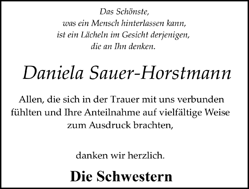  Traueranzeige für Daniela Sauer-Horstmann vom 03.06.2022 aus  Lokalanzeiger 