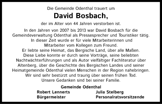 Anzeige von David Bosbach von Kölner Stadt-Anzeiger / Kölnische Rundschau / Express