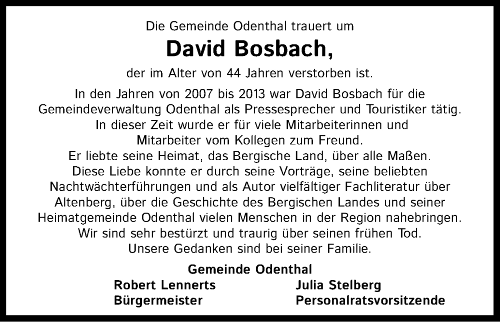  Traueranzeige für David Bosbach vom 29.06.2022 aus Kölner Stadt-Anzeiger / Kölnische Rundschau / Express