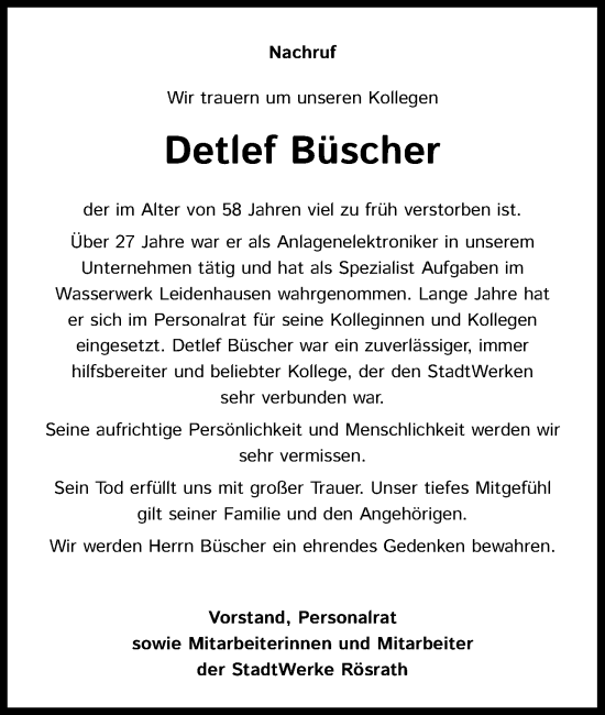 Anzeige von Detlef Büscher von Kölner Stadt-Anzeiger / Kölnische Rundschau / Express