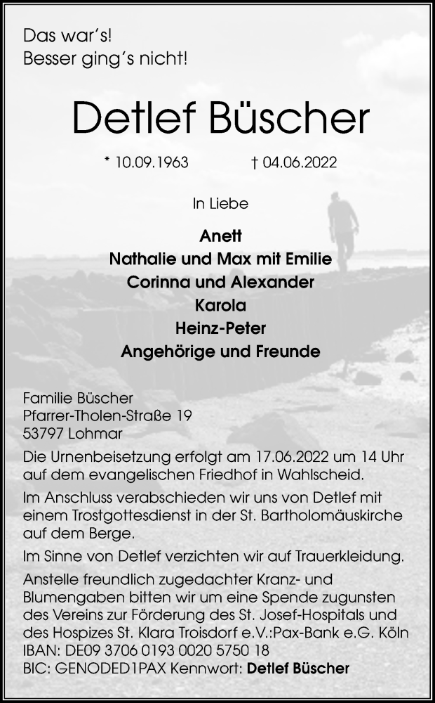  Traueranzeige für Detlef Büscher vom 11.06.2022 aus Kölner Stadt-Anzeiger / Kölnische Rundschau / Express