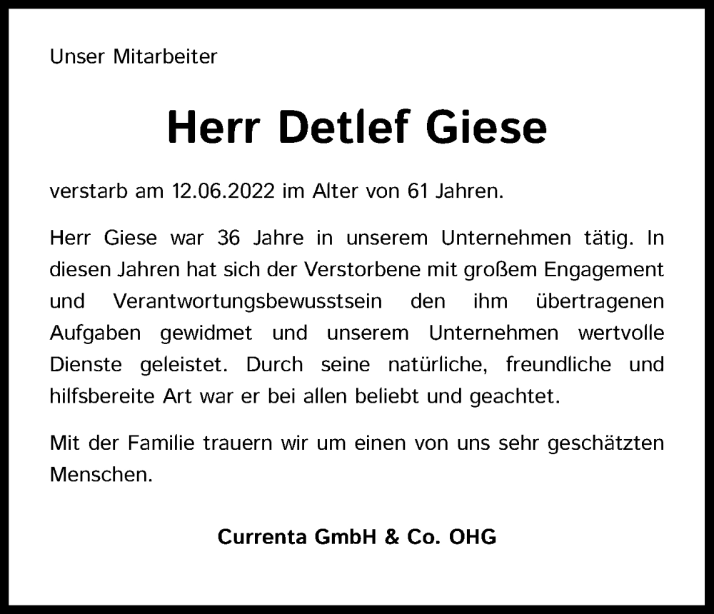  Traueranzeige für Detlef Giese vom 30.06.2022 aus Kölner Stadt-Anzeiger / Kölnische Rundschau / Express