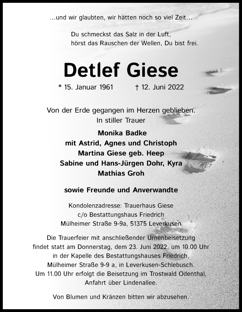  Traueranzeige für Detlef Giese vom 18.06.2022 aus Kölner Stadt-Anzeiger / Kölnische Rundschau / Express