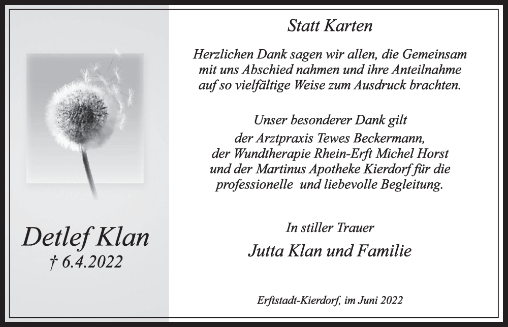  Traueranzeige für Detlef Klan vom 03.06.2022 aus  Werbepost 