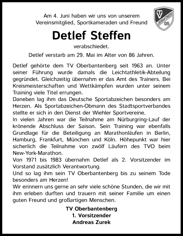  Traueranzeige für Detlef Steffen vom 08.06.2022 aus Kölner Stadt-Anzeiger / Kölnische Rundschau / Express