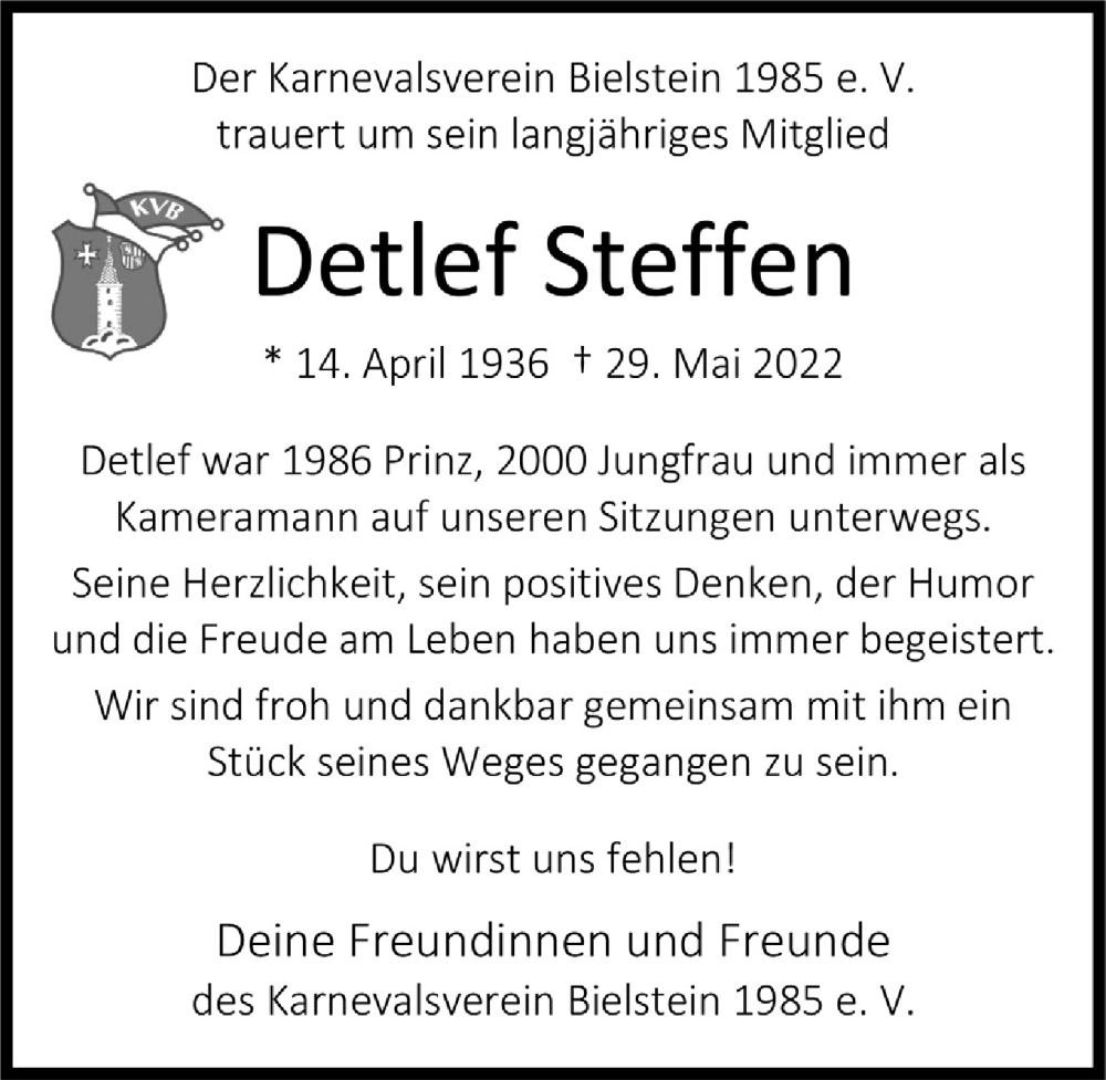  Traueranzeige für Detlef Steffen vom 10.06.2022 aus  Anzeigen Echo 