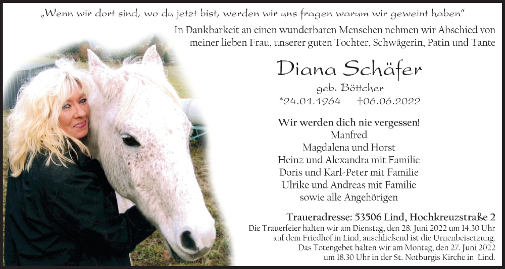  Traueranzeige für Diana Schäfer vom 18.06.2022 aus  Blickpunkt Euskirchen 