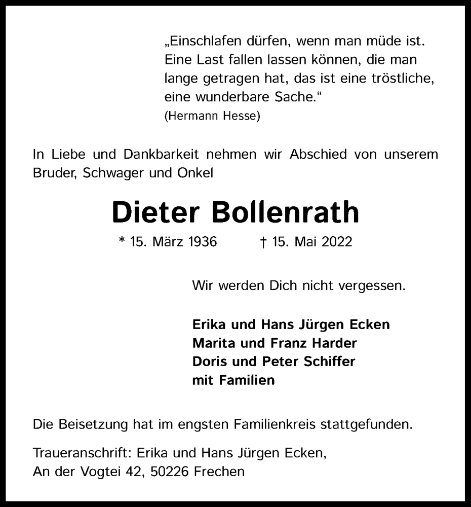  Traueranzeige für Dieter Bollenrath vom 04.06.2022 aus Kölner Stadt-Anzeiger / Kölnische Rundschau / Express