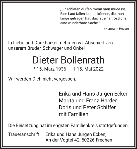 Anzeige von Dieter Bollenrath von  Wochenende 
