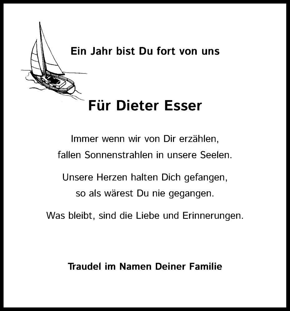  Traueranzeige für Dieter Esser vom 18.06.2022 aus Kölner Stadt-Anzeiger / Kölnische Rundschau / Express