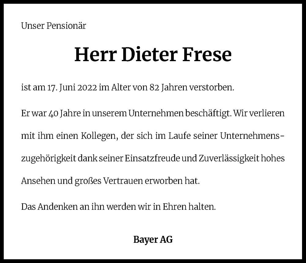  Traueranzeige für Dieter Frese vom 29.06.2022 aus Kölner Stadt-Anzeiger / Kölnische Rundschau / Express