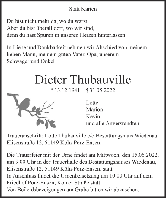 Anzeige von Dieter Thubauville von  EXPRESS - Die Woche 