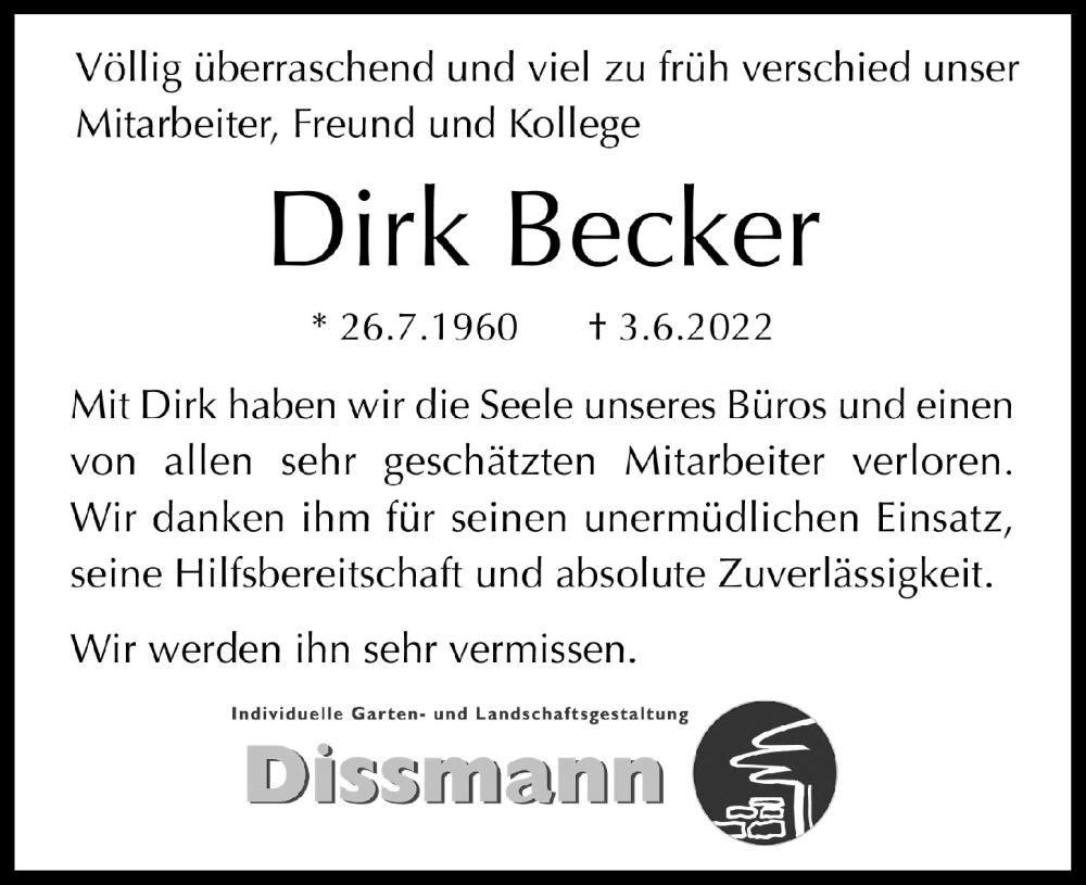  Traueranzeige für Dirk Becker vom 10.06.2022 aus  Anzeigen Echo  Lokalanzeiger 