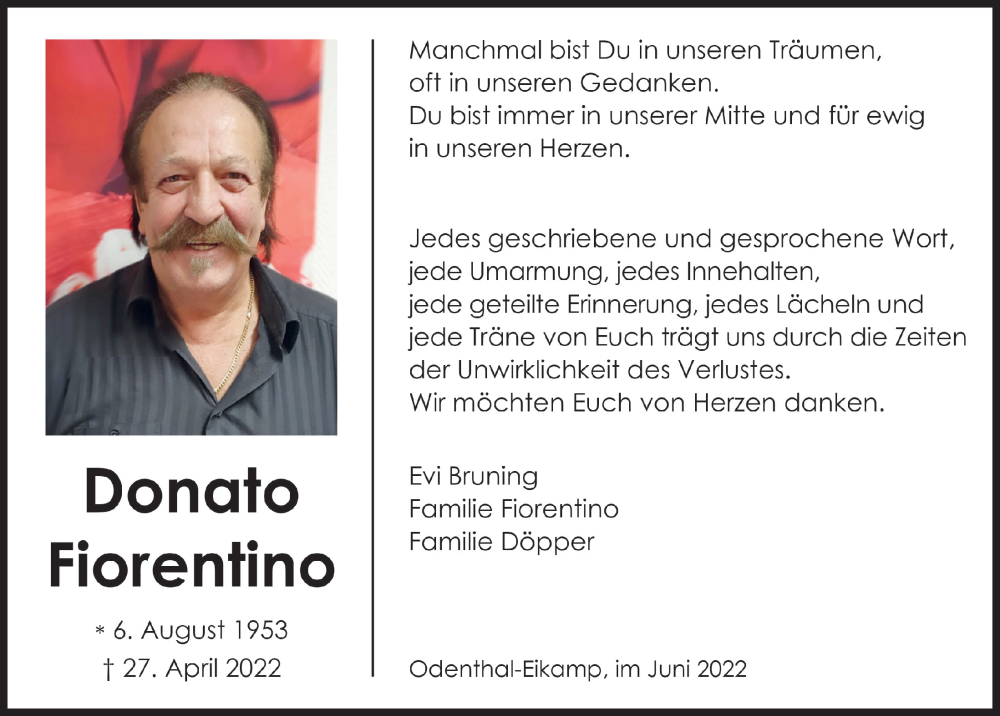 Traueranzeige für Donato Fiorentino vom 24.06.2022 aus  Bergisches Handelsblatt 