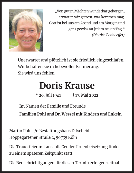 Anzeige von Doris Krause von Kölner Stadt-Anzeiger / Kölnische Rundschau / Express