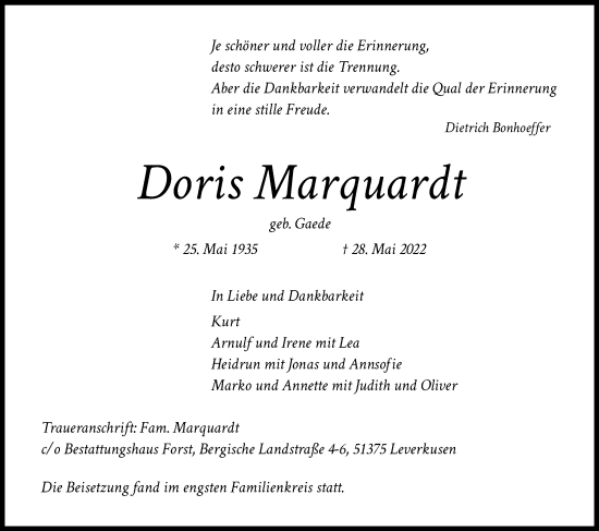 Anzeige von Doris Marquardt von Kölner Stadt-Anzeiger / Kölnische Rundschau / Express