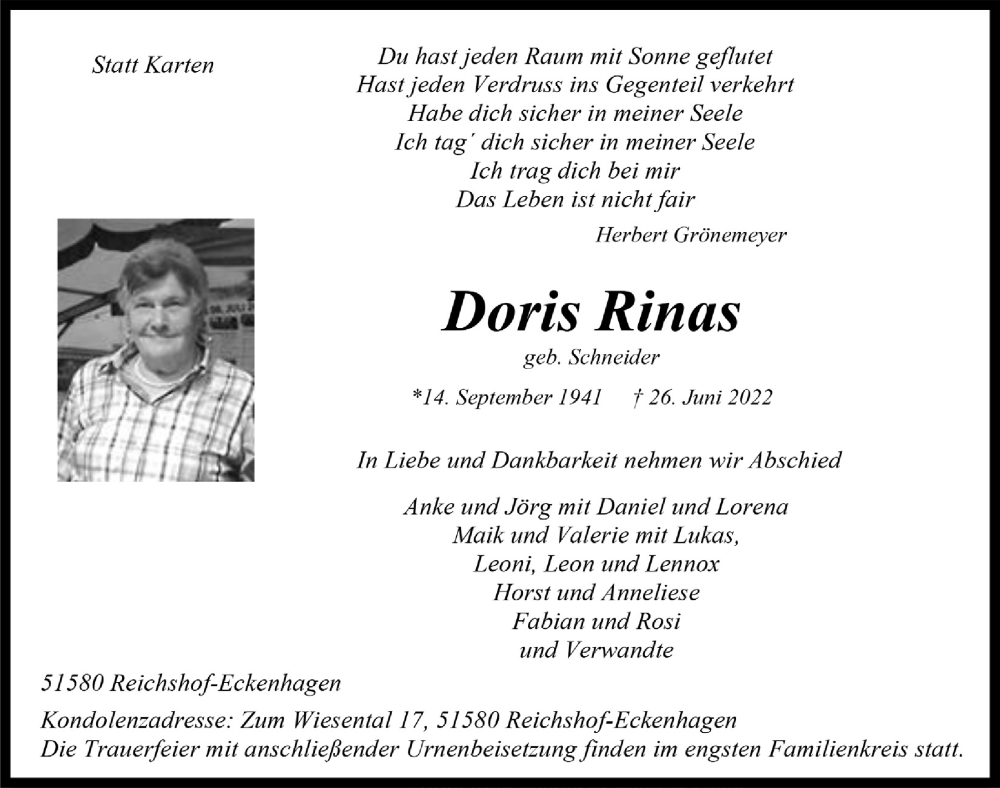  Traueranzeige für Doris Rinas vom 01.07.2022 aus  Anzeigen Echo 