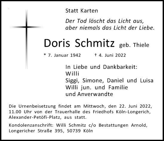 Anzeige von Doris Schmitz von Kölner Stadt-Anzeiger / Kölnische Rundschau / Express