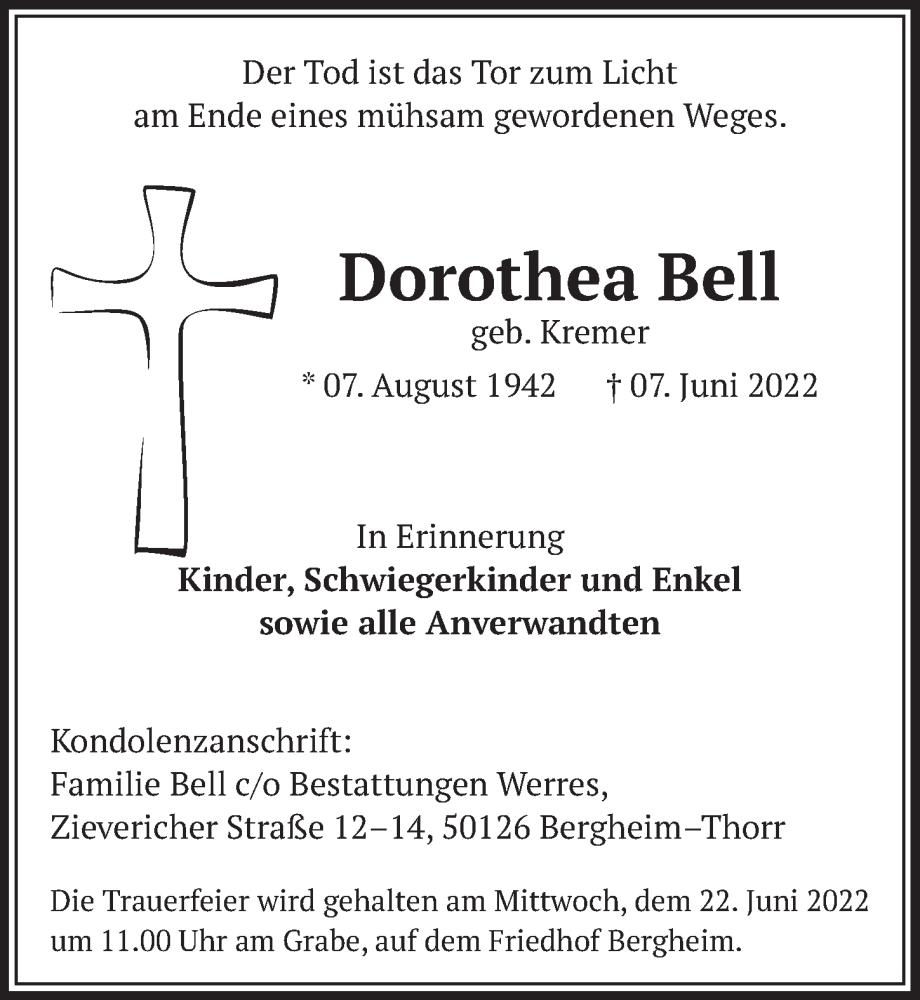  Traueranzeige für Dorothea Bell vom 17.06.2022 aus  Werbepost 