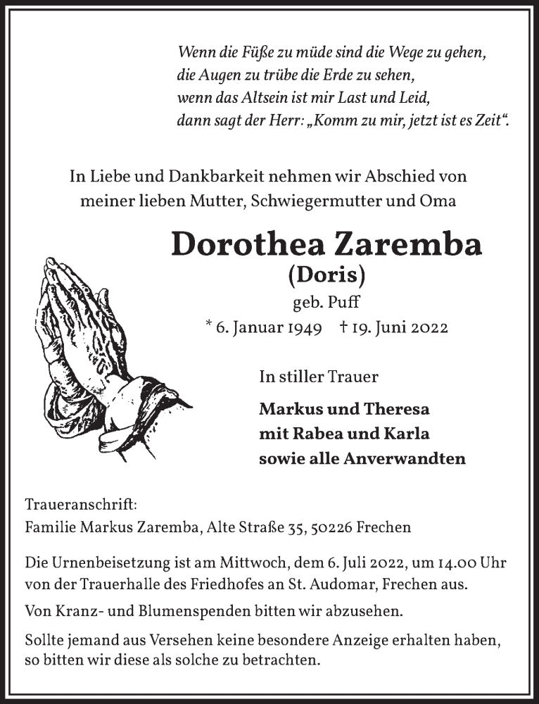  Traueranzeige für Dorothea Zaremba vom 24.06.2022 aus  Wochenende 