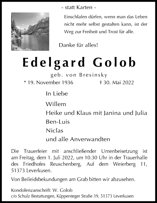 Anzeige von Edelgard Golob von Kölner Stadt-Anzeiger / Kölnische Rundschau / Express