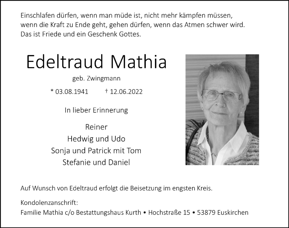  Traueranzeige für Edeltraud Mathia vom 25.06.2022 aus  Blickpunkt Euskirchen 
