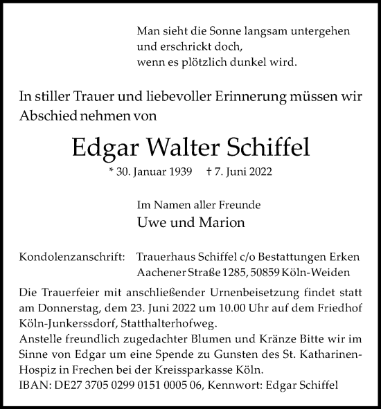 Anzeige von Edgar Walter Schiffel von Kölner Stadt-Anzeiger / Kölnische Rundschau / Express