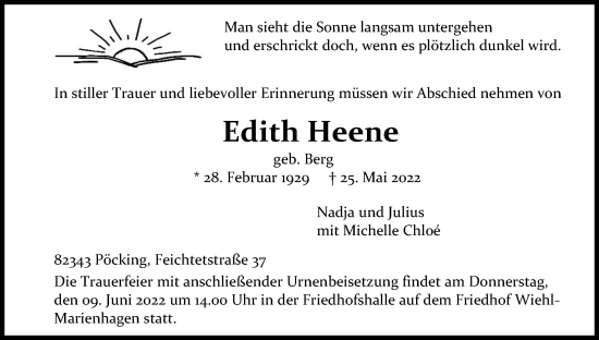 Anzeige von Edith Heene von Kölner Stadt-Anzeiger / Kölnische Rundschau / Express