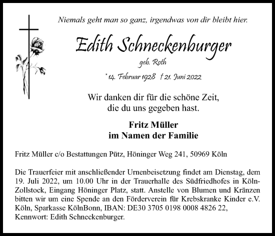 Anzeige von Edith Schneckenburger von Kölner Stadt-Anzeiger / Kölnische Rundschau / Express