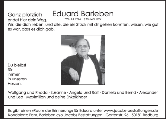 Anzeige von Eduard Barleben von  Werbepost 