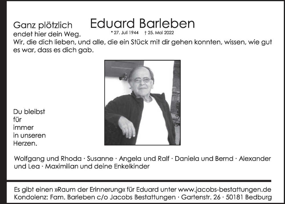  Traueranzeige für Eduard Barleben vom 10.06.2022 aus  Werbepost 