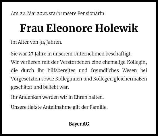 Anzeige von Eleonore Holewik von Kölner Stadt-Anzeiger / Kölnische Rundschau / Express