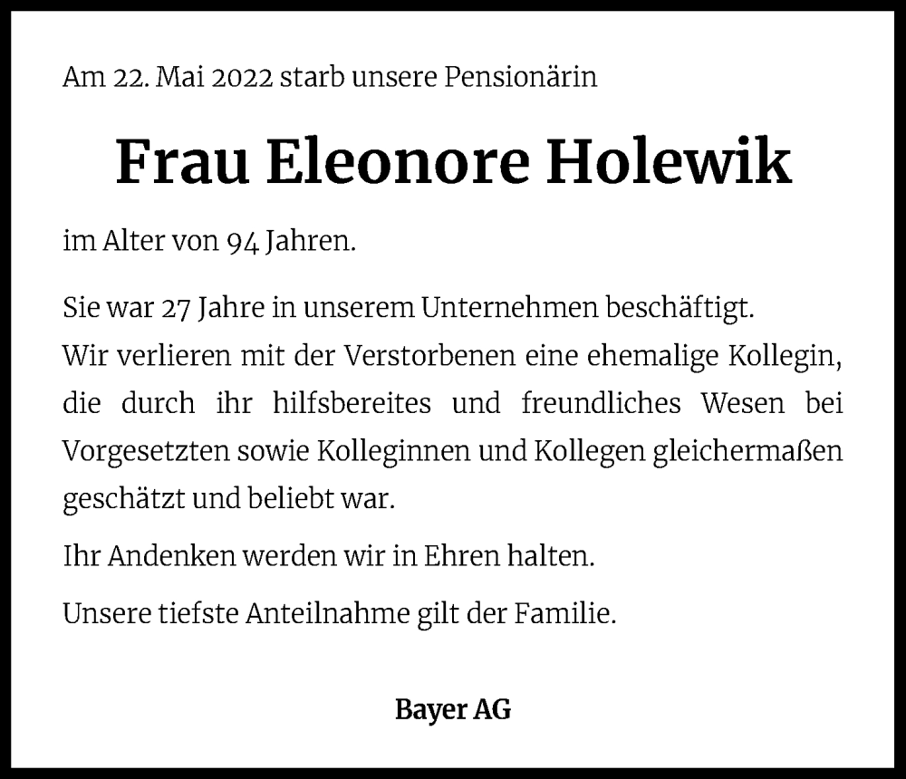  Traueranzeige für Eleonore Holewik vom 03.06.2022 aus Kölner Stadt-Anzeiger / Kölnische Rundschau / Express