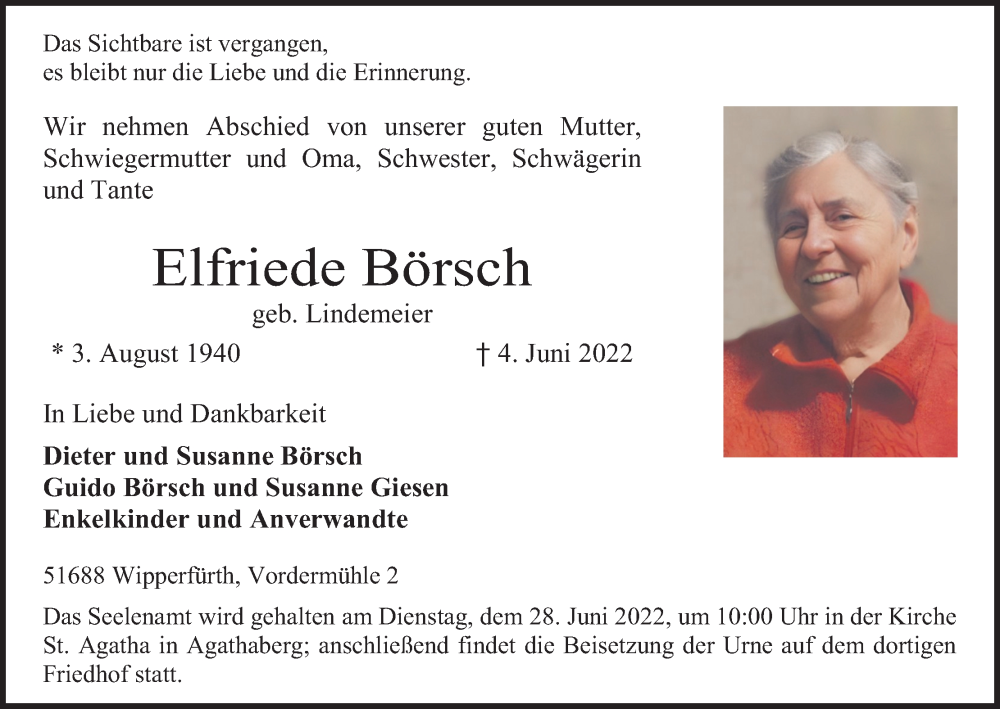  Traueranzeige für Elfriede Börsch vom 18.06.2022 aus Kölner Stadt-Anzeiger / Kölnische Rundschau / Express