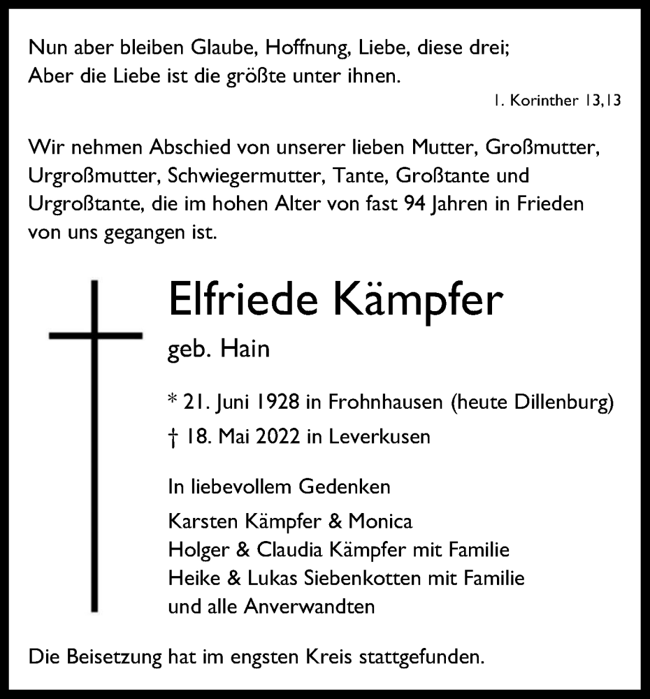  Traueranzeige für Elfriede Kämpfer vom 11.06.2022 aus Kölner Stadt-Anzeiger / Kölnische Rundschau / Express