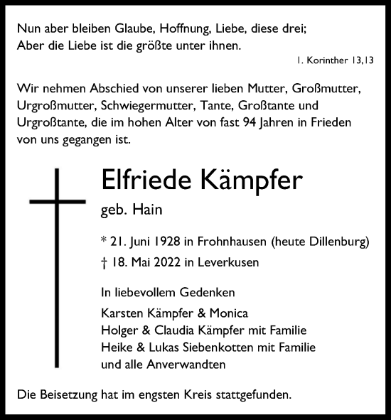 Anzeige von Elfriede Kämpfer von Kölner Stadt-Anzeiger / Kölnische Rundschau / Express