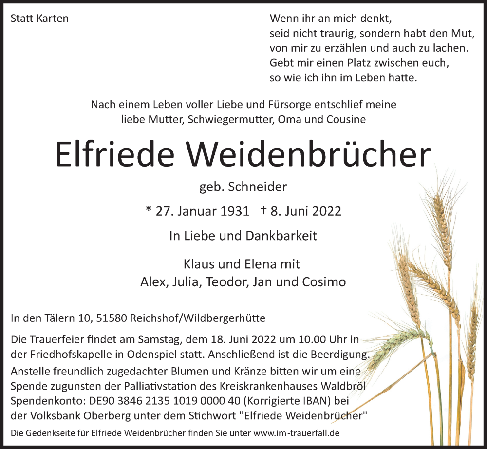  Traueranzeige für Elfriede Weidenbrücher vom 14.06.2022 aus Kölner Stadt-Anzeiger / Kölnische Rundschau / Express