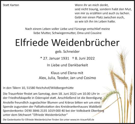 Anzeige von Elfriede Weidenbrücher von Kölner Stadt-Anzeiger / Kölnische Rundschau / Express