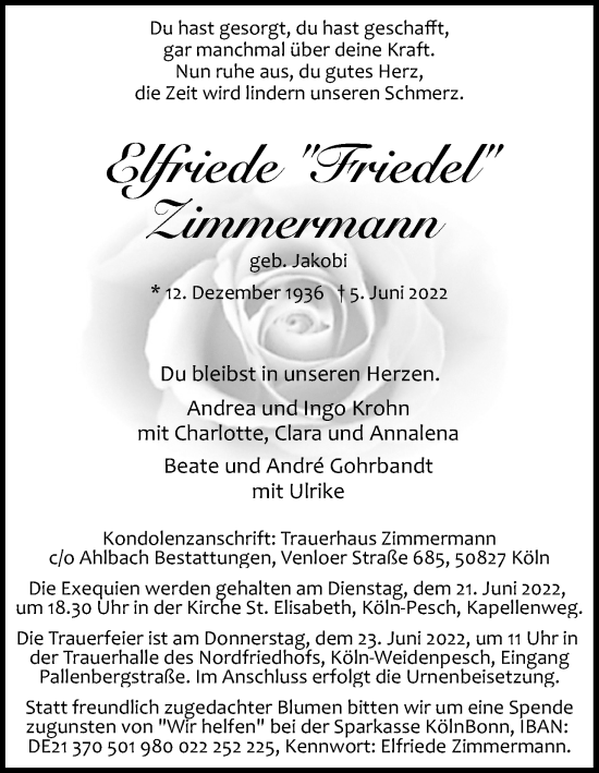 Anzeige von Elfriede Zimmermann von Kölner Stadt-Anzeiger / Kölnische Rundschau / Express