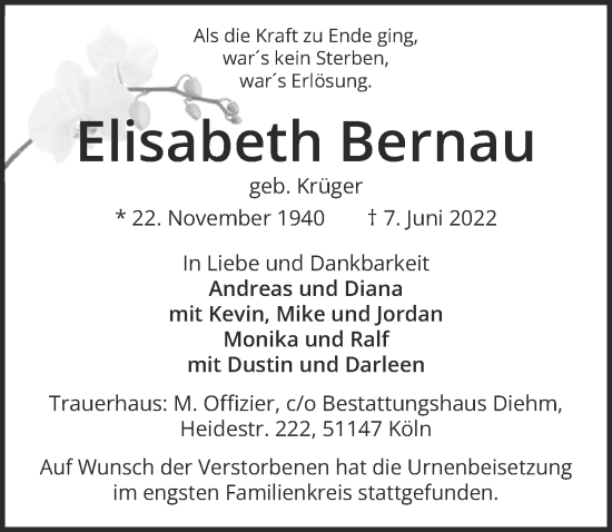 Anzeige von Elisabeth Bernau von  EXPRESS - Die Woche 
